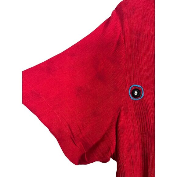 Retro Crinkle Floral Shirt 1X Red Embroidery Artsy 80s Ribbed Preppy Classic 80s - Picture 8 of 12